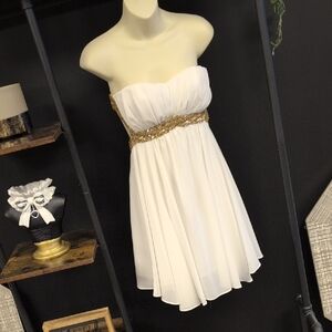 Minuet Petite Strapless White and Gold Dress